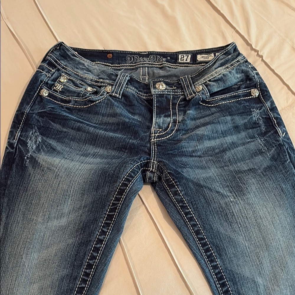 Miss Me Blue Skinny Jeans with Vintage Distressed Look